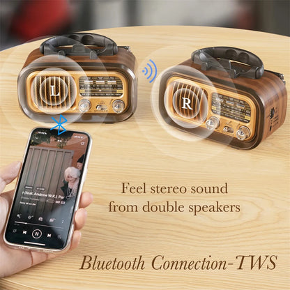 Solar-Powered AM/FM Radio with Bluetooth - Portable Vintage Stereo Speaker, USB Rechargeable with Large Tuning Knob