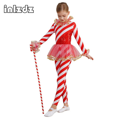 Kids Candy Cane Striped Christmas Tutu Leotard — Sequined Santa Bodysuit for Ballet & Gymnastics