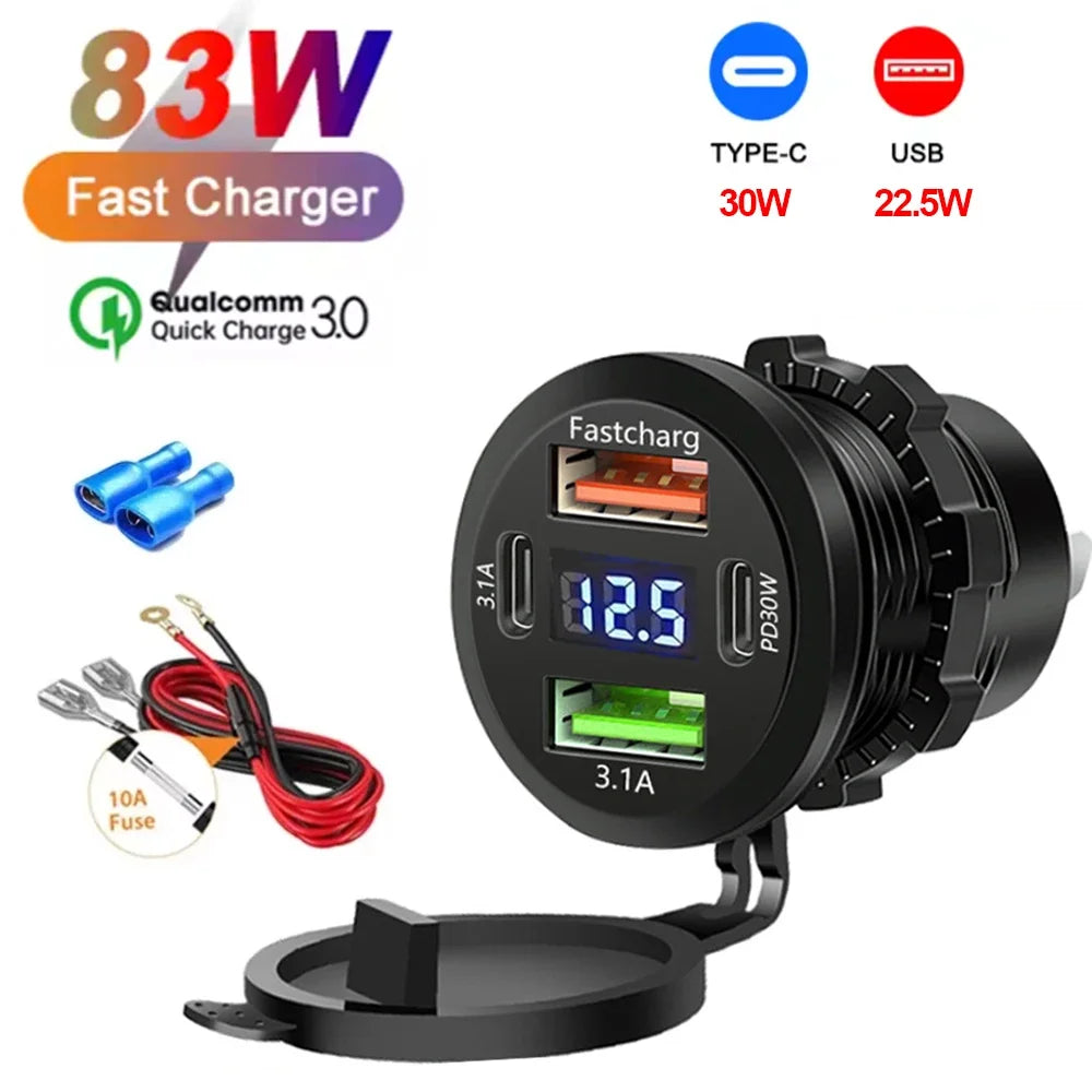 117W Dual USB Car Charger - PD & QC3.0 Fast Charging Adapter with Voltmeter Waterproof Socket for 12V/24V Vehicles