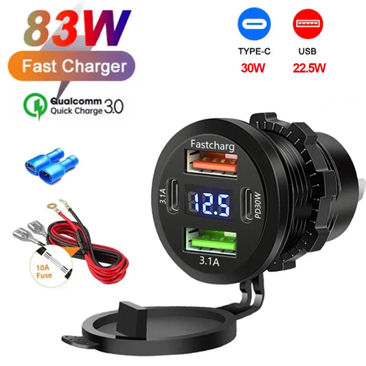 117W Dual USB Car Charger - PD & QC3.0 Fast Charging Adapter with Voltmeter Waterproof Socket for 12V/24V Vehicles