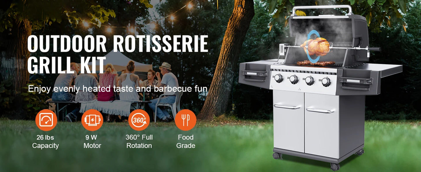 SucceBuy Universal Grill Rotisserie Kit – 9W Motor Stainless Steel Electric BBQ Automatic Grilling Set