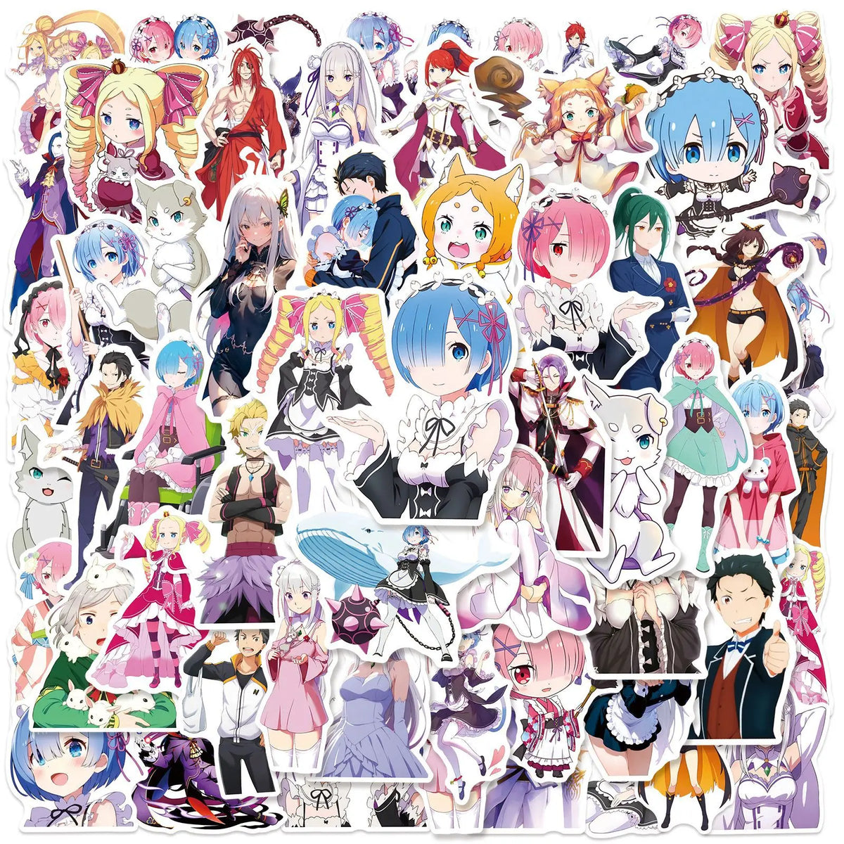 50PCS Re:Zero Anime Stickers – Rem, Ram & Emilia Waterproof Decals for Laptops, Water Bottles & Luggage