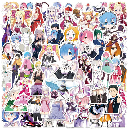 50PCS Re:Zero Anime Stickers – Rem, Ram & Emilia Waterproof Decals for Laptops, Water Bottles & Luggage