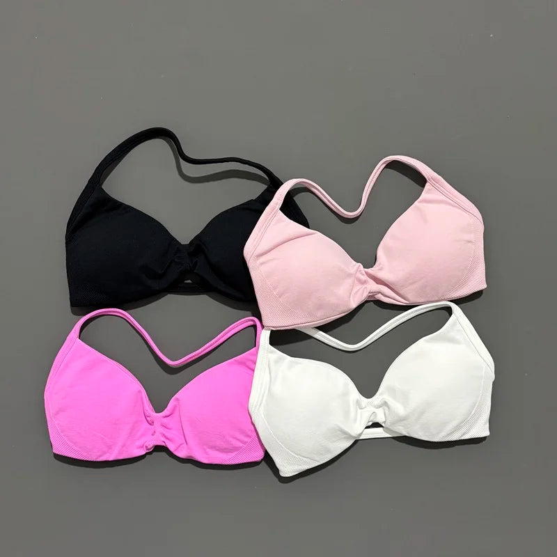 Histello Women’s Strappy Sports Bra - Seamless High-Support Yoga, Running and Workout Halter Top