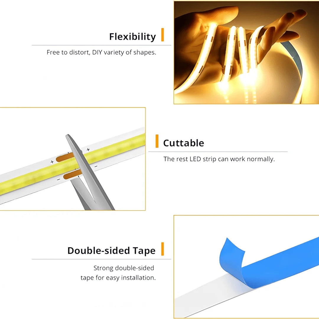LED COB Light Strip – Flexible USB 5V Touch Dimmer Tape for Indoor Lighting, DIY TV, Mirror Backlight & Wall Decor