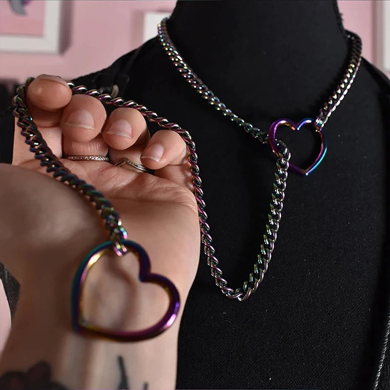 Heart O-Ring Punk Rock Necklace – Stainless Steel Cuban Chain Y-Necklace for Women