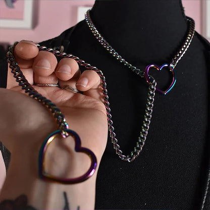 Heart O-Ring Punk Rock Necklace – Stainless Steel Cuban Chain Y-Necklace for Women