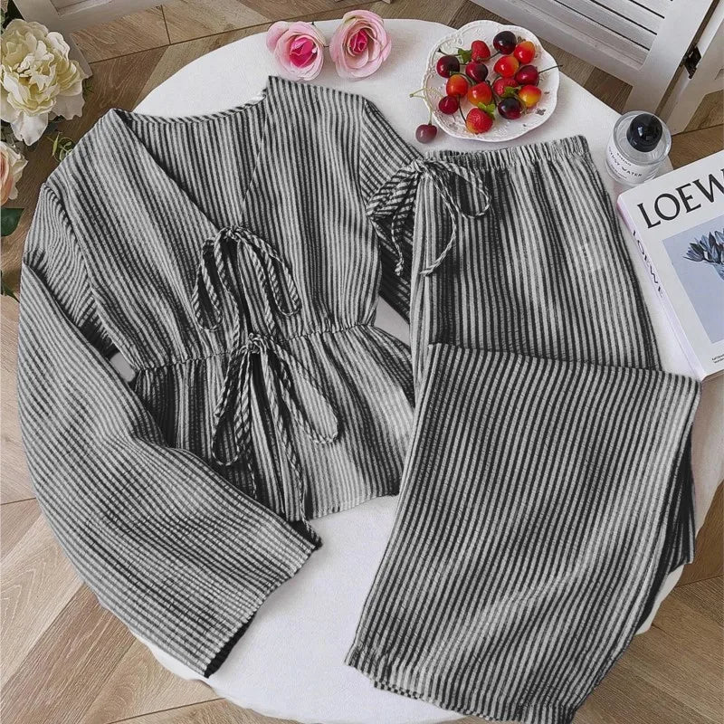 Striped Lace-Up Women’s 2-Piece Matching Set – Casual Office Commuting Outfit, Simple All-Match Two-Piece Set