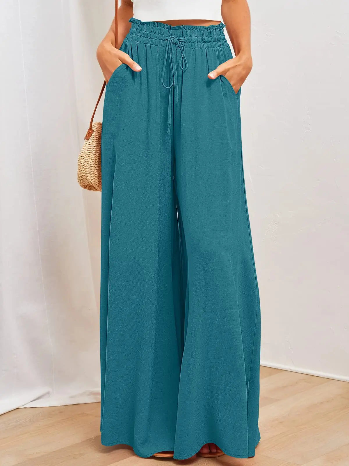 Women’s Summer Wide Leg Pants – Elastic Waist Casual Loose Fit Trousers Breathable Beach Lounge Pants