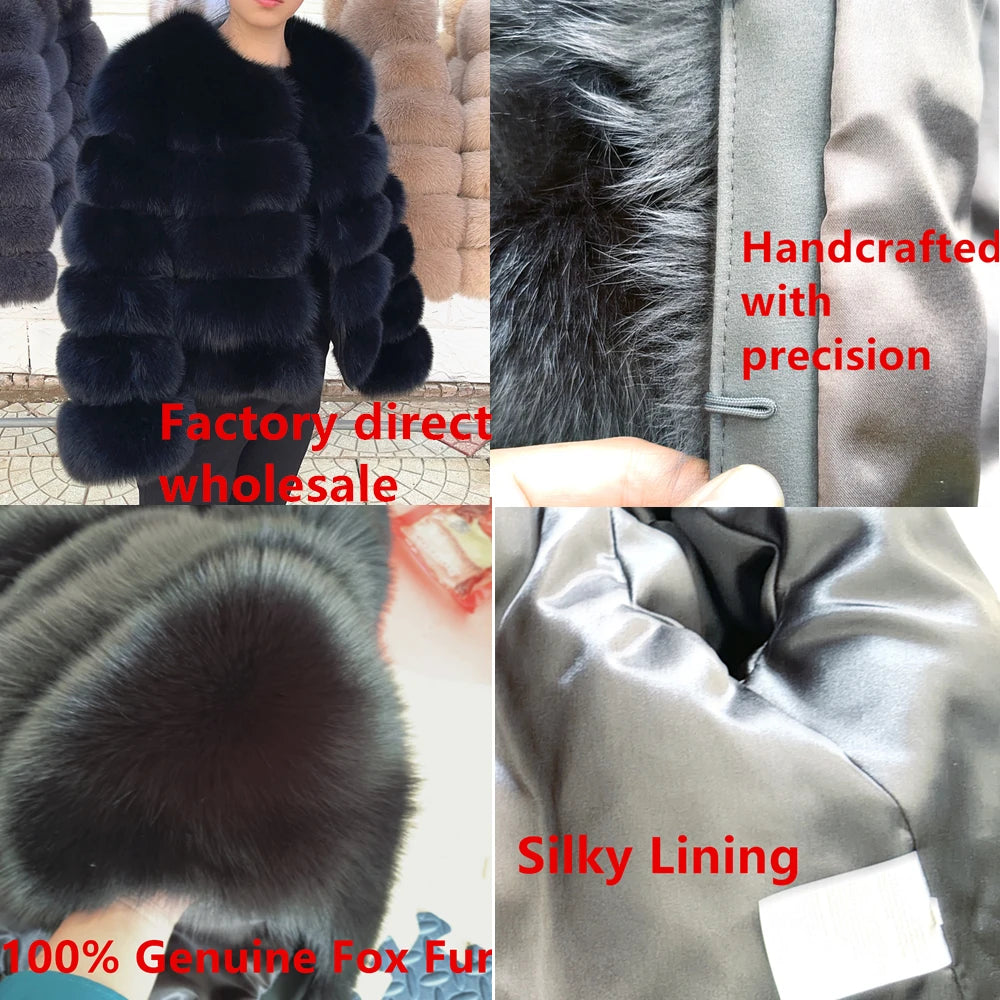 QUEENTINA Women’s Real Fox Fur Coat – Brown Leather & Skin Winter Fashion Outerwear 2025