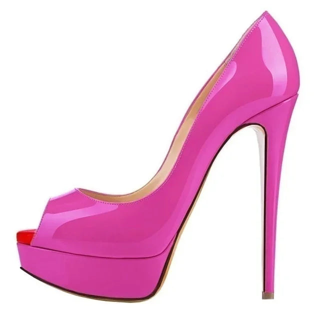 Women’s Sexy Platform Peep Toe Pumps – 14cm Stiletto Patent Leather High Heels for Party & Wedding