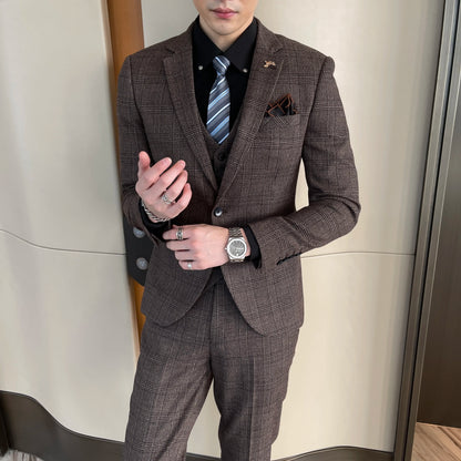 Men’s British Korean Plaid Three-Piece Suit – Stylish Business Casual Set with Blazer, Vest & Trousers