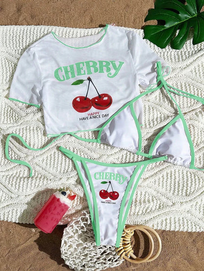 Women’s Cherry Print Halter Bikini Set – Sexy 3 Piece Dark Blue Beach Swimsuit 2026