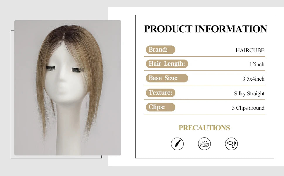 Ombre Blonde Brown 100% Remy Human Hair Topper – Silk Base Clip-In Extension for Women with Hair Loss, 12 Inch