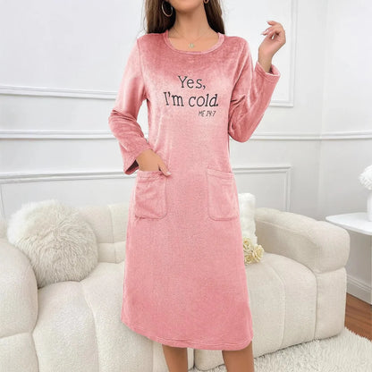 Women's Warm Fleece Nightgown - Soft Long Sleeve Velvet Home Dress for Autumn & Winter