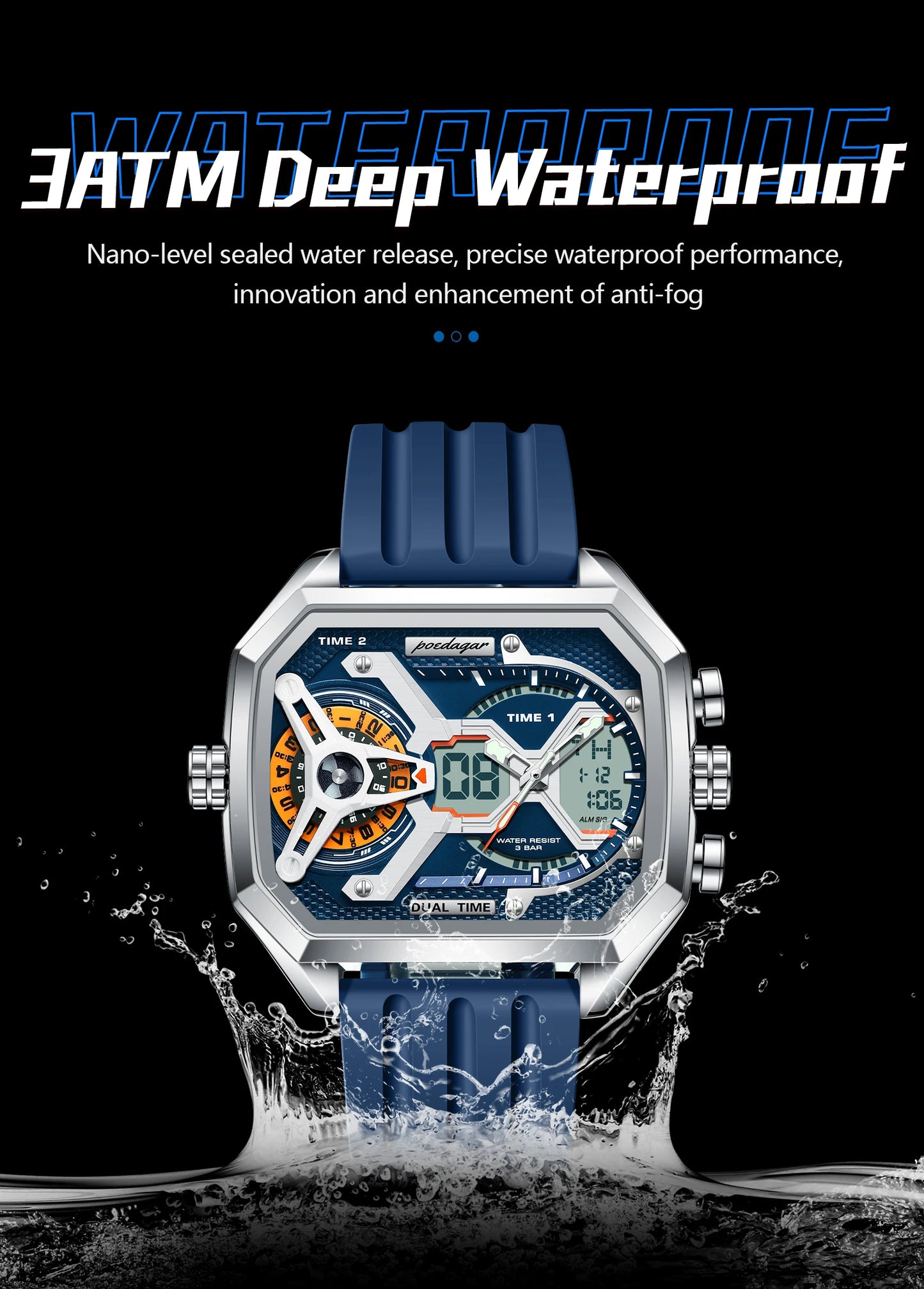 POEDAGAR Men's Luxury LED Wristwatch – Electronic Quartz Watch with Calendar, Week Display, Luminous Hands, and Silicone Strap