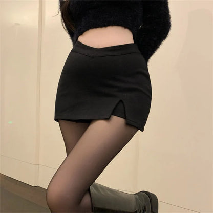 Black Split Mini Skirts: Summer Sexy High Waist Club Skirt - Korean Streetwear Fashion Irregular Slim A-Line Skirt for Women