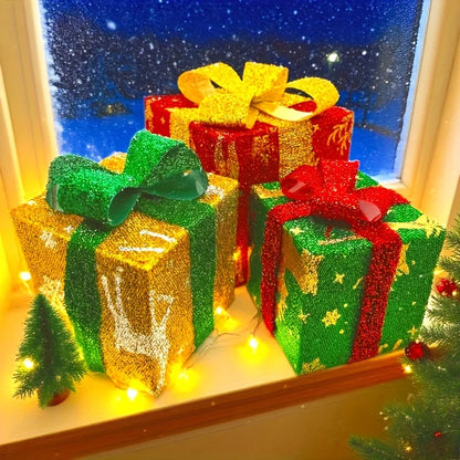 3-Piece Christmas LED Gift Box Set - Warm White Holiday Decoration (No Batteries Included)