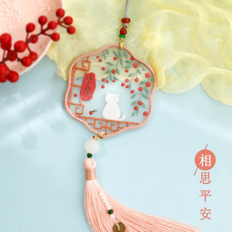 Handmade Embroidered Amulet DIY Kit – Easy Needlework Sewing & Car Pendant Needlepoint for Beginners
