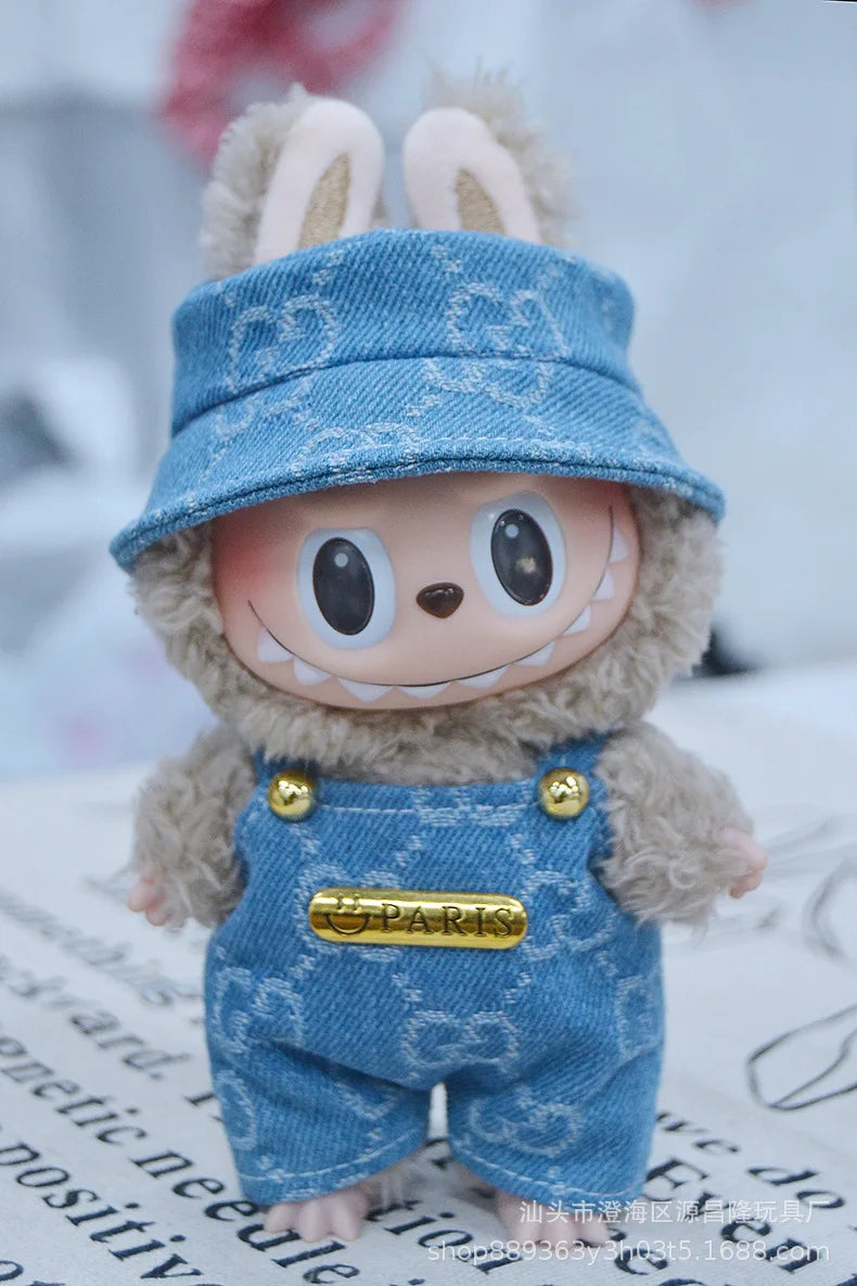 17cm Labubu Doll Clothes – Cowboy Party Outfit with Strap Pants & Fisherman Hat – Only Clothes, Hot Sale
