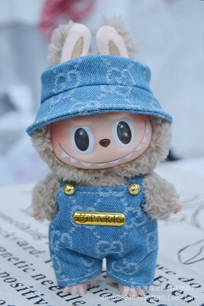 17cm Labubu Doll Clothes – Cowboy Party Outfit with Strap Pants & Fisherman Hat – Only Clothes, Hot Sale