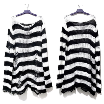 New Punk Gothic Long Unisex Sweater - Summer Striped Hollow Out Jumper, Loose Rock Thin Top for Women, Dark Streetwear