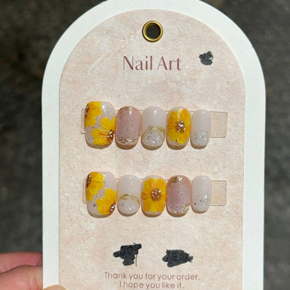 10Pcs Pink Handmade Press-On Nails – Short French Style with Flowers, Butterflies & Rhinestones, Full Cover Nail Tips