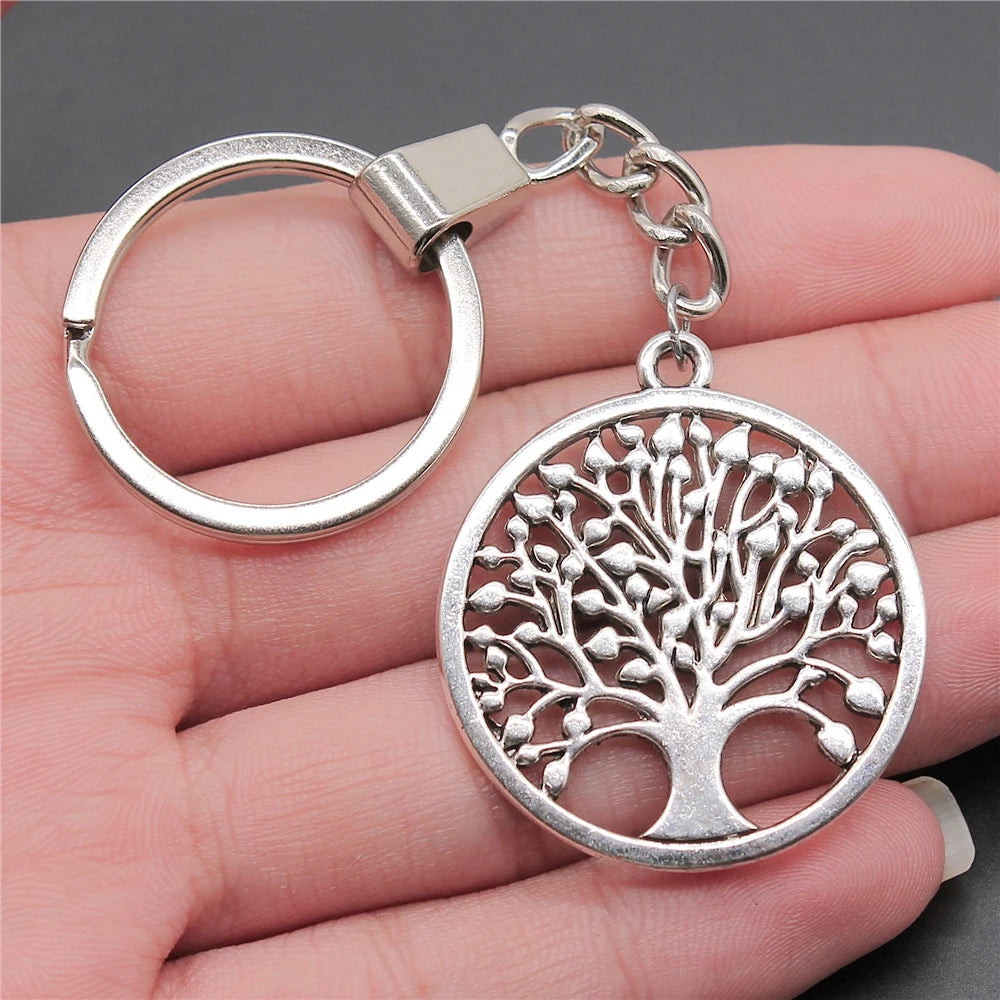 New Fashion Men 30mm Metal Alloy Keychain with Vintage Heart, Flower, Rose, Sunflower & Tree Pendant DIY Keyring Holder Chain Accessory