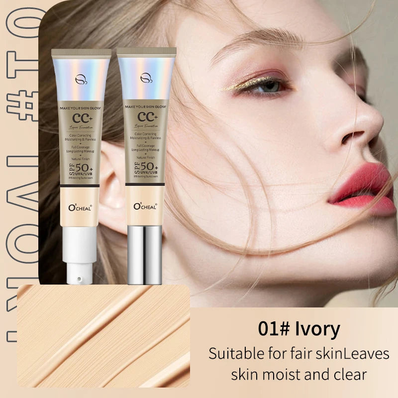 Ocheal CC Cream Foundation 30g SPF 50+ – Waterproof Moisturizing Concealer, Long-Lasting Brightening Makeup Primer with Sunscreen
