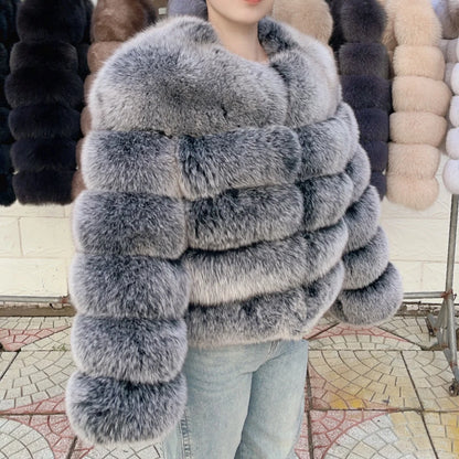 QUEENTINA Women’s Real Fox Fur Coat – Brown Leather & Skin Winter Fashion Outerwear 2025