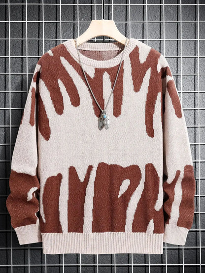 Men's Autumn Winter Jacquard Sweater - Irregular Pattern Contrast Color Round Neck Knitted Casual Pullover