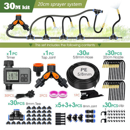 Garden Programmable Misting Timer System – 360° Adjustable Atomizer Nozzles, Outdoor Cooling & Watering Sprinkler Kit