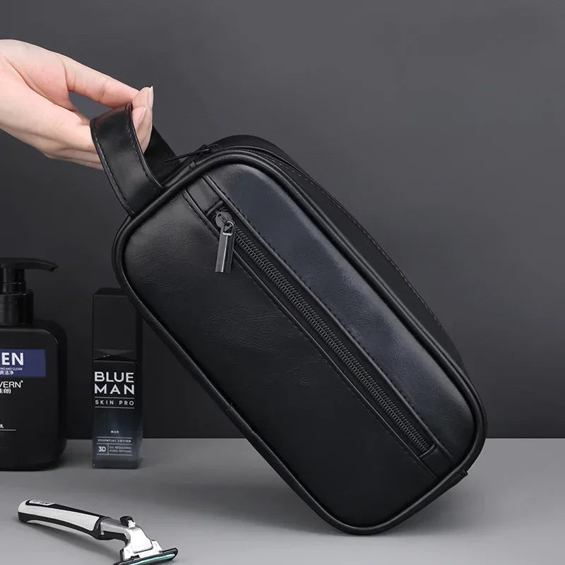Men’s Leather Travel Wash Bag – Large Capacity Portable Toiletry Cosmetic Organizer with Multi-Pocket Design for Business Trips