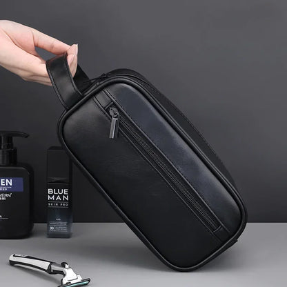 Men’s Leather Travel Wash Bag – Large Capacity Portable Toiletry Cosmetic Organizer with Multi-Pocket Design for Business Trips