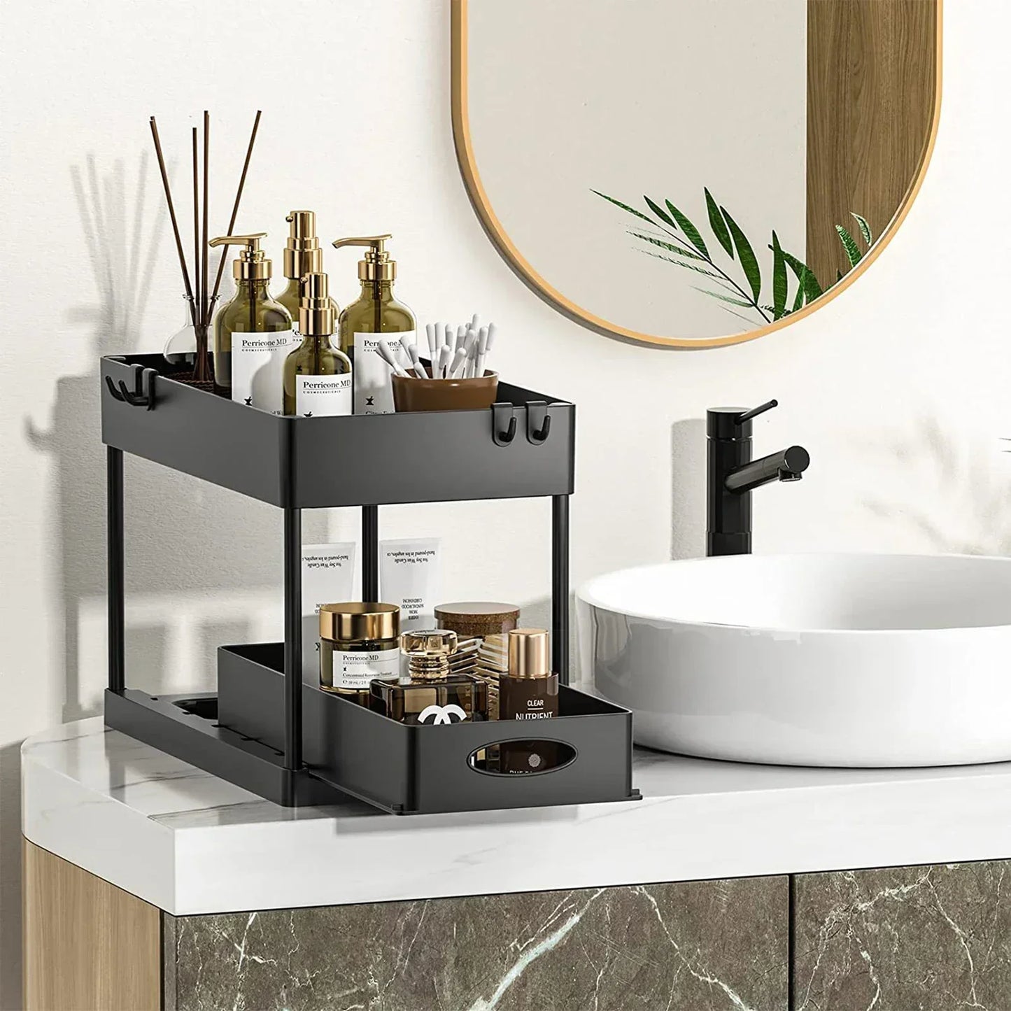 2-Tier Under Sink Sliding Organizer — Cabinet Basket Storage Rack with Hooks for Bathroom & Kitchen Cups