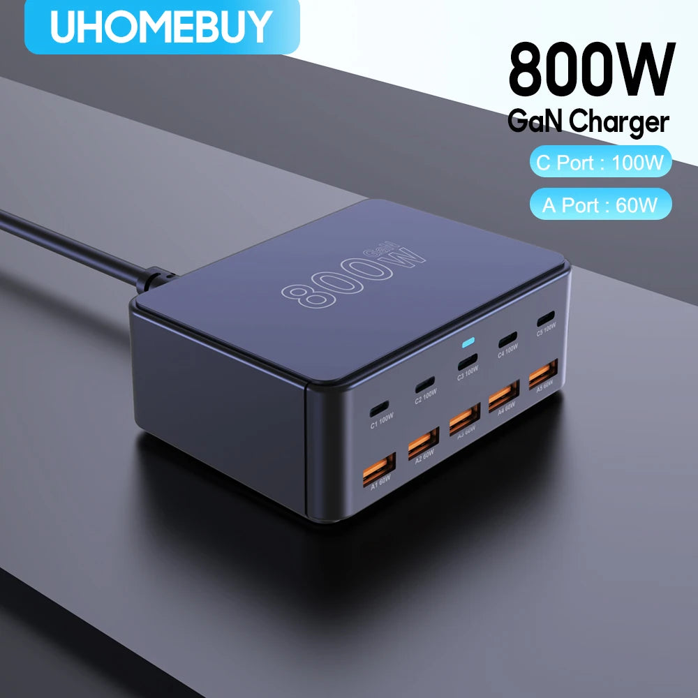 800W USB-C GaN Fast Charger - 100W PD3.0 PPS QC3.0 Multiport Charging Station for iPhone, Samsung & Laptops