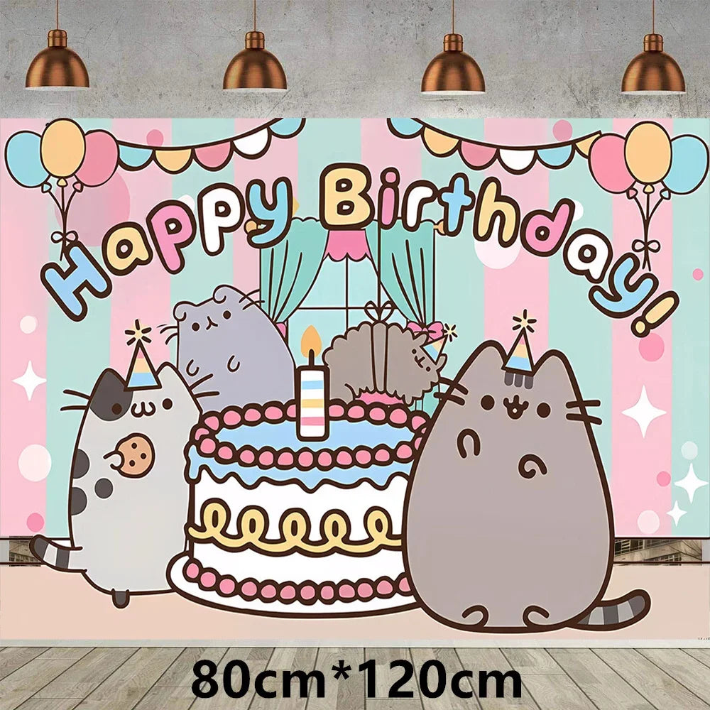 Pusheen Cat Birthday Party Decorations - Cartoon Pet Theme Balloons, Banner, Backdrop, Cake Topper, and Baby Shower Stickers
