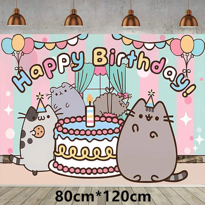 Pusheen Cat Birthday Party Decorations - Cartoon Pet Theme Balloons, Banner, Backdrop, Cake Topper, and Baby Shower Stickers
