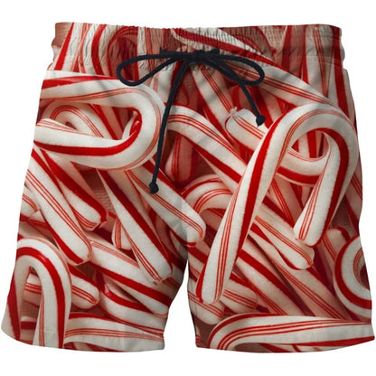 3D Sausage Print Beach Shorts - Funny Food Graphic Elastic Waist Swim Trunks for Men