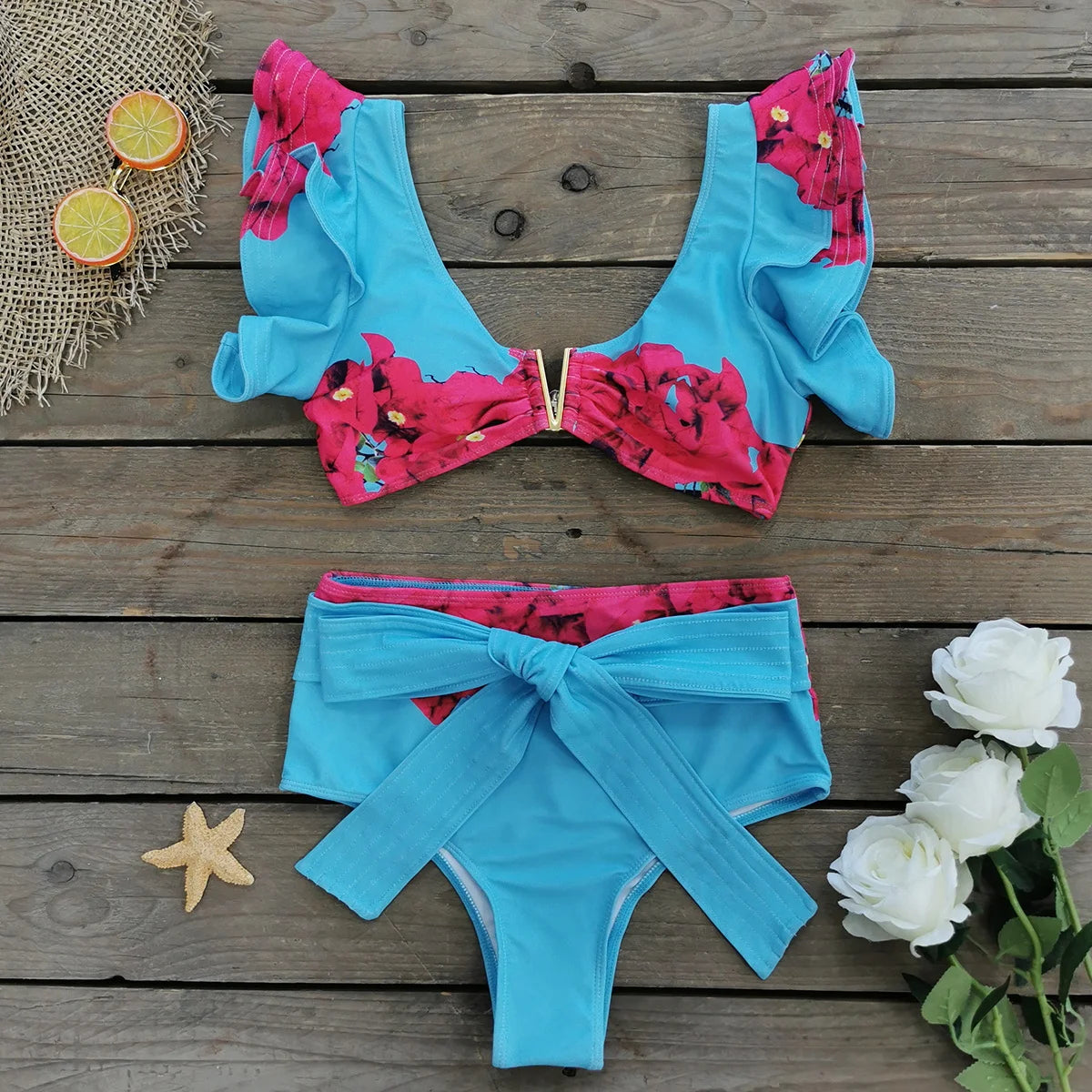 Sporlike V-Neck Ruffled Bikini Set – High Waist Sexy Printed Two-Piece Swimsuit for Women 2025