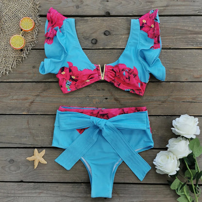 Sporlike V-Neck Ruffled Bikini Set – High Waist Sexy Printed Two-Piece Swimsuit for Women 2025