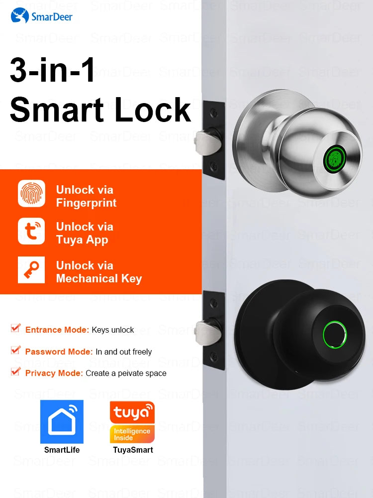 SmarDeer Fingerprint Door Lock – Tuya Smart Bluetooth Keyless Entry with Fingerprint & App Control