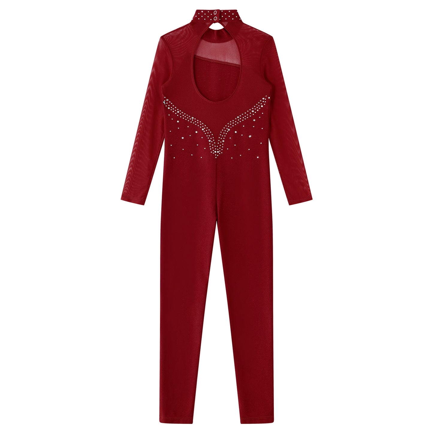 Kids Girls Long Sleeve Rhinestone Bodysuit — Full Body Dancewear Gymnastics Leotard Skating Jumpsuit
