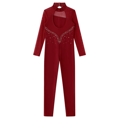 Kids Girls Long Sleeve Rhinestone Bodysuit — Full Body Dancewear Gymnastics Leotard Skating Jumpsuit