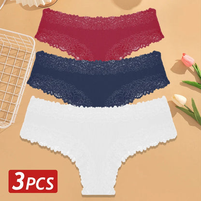 3PCS Women’s Cotton Lace Panties Set - Low Waist Brazilian Bikini Underwear Soft Floral Lingerie T-Back Style