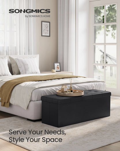 SONGMICS 43-Inch Folding Storage Ottoman Bench – Faux Leather Padded Seat, Storage Chest, Footrest & Coffee Table