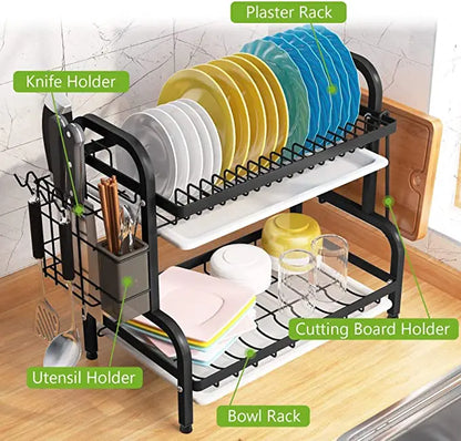 Compact 2-Tier Dish Drying Rack Set: Large Rust-Proof Drainer with Utensil Holder - Efficient Kitchen Organization