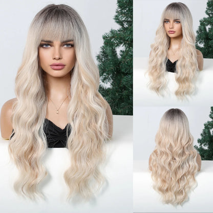 Copper Ginger Red Brown Synthetic Wig – Long Fluffy Wavy Wig with Bangs, Heat-Resistant Cosplay & Daily Wear Hair for Women