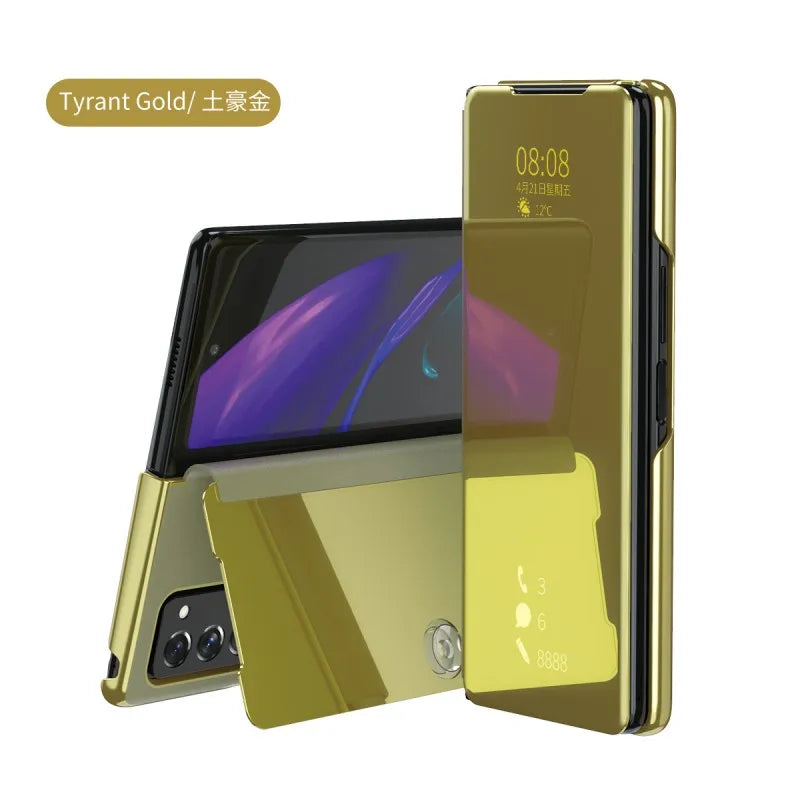 Smart Flip Case for Samsung Galaxy Z Fold – PU Leather Mirror Plating Kickstand Cover, Shockproof Funda for Fold 2/3/4/5/6 & W21/W22 5G
