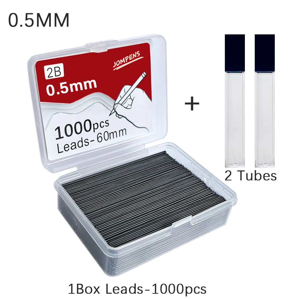 1000pcs Mechanical Pencil Lead Refills - 0.5 0.7 0.9mm 2B 60mm Art Drawing Automatic Pencil Replacement with 2 Tubes - Stationery